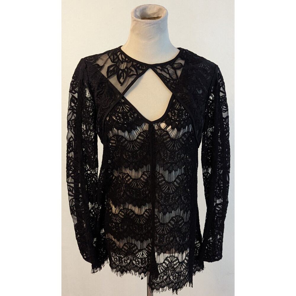 Stylestalker sz XS Tunic Sheer Lace Blouse black not lined ls shirt M1